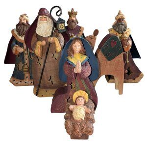 Nativity Set w/ Holy Family 3 Wise Men & Camel Wood/Metal/Ceramic Rustic
